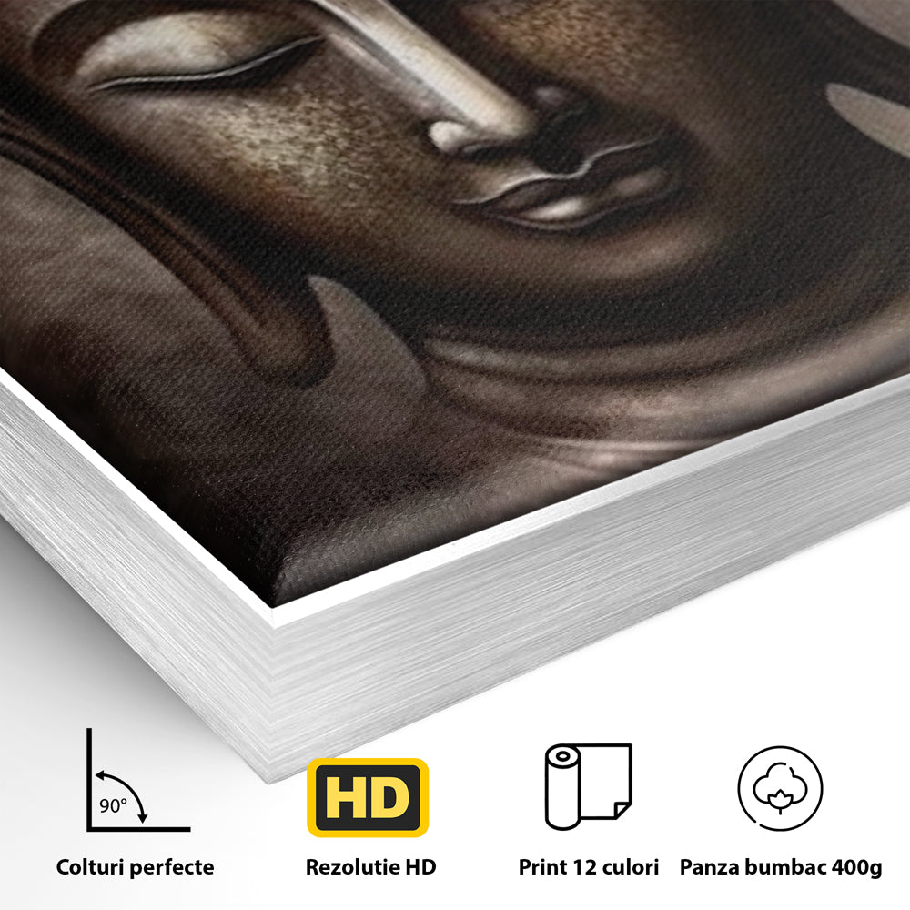 Detaliu al suprafetei: tablou canvas cu portret buddha, in rama de aluminiu argintiu